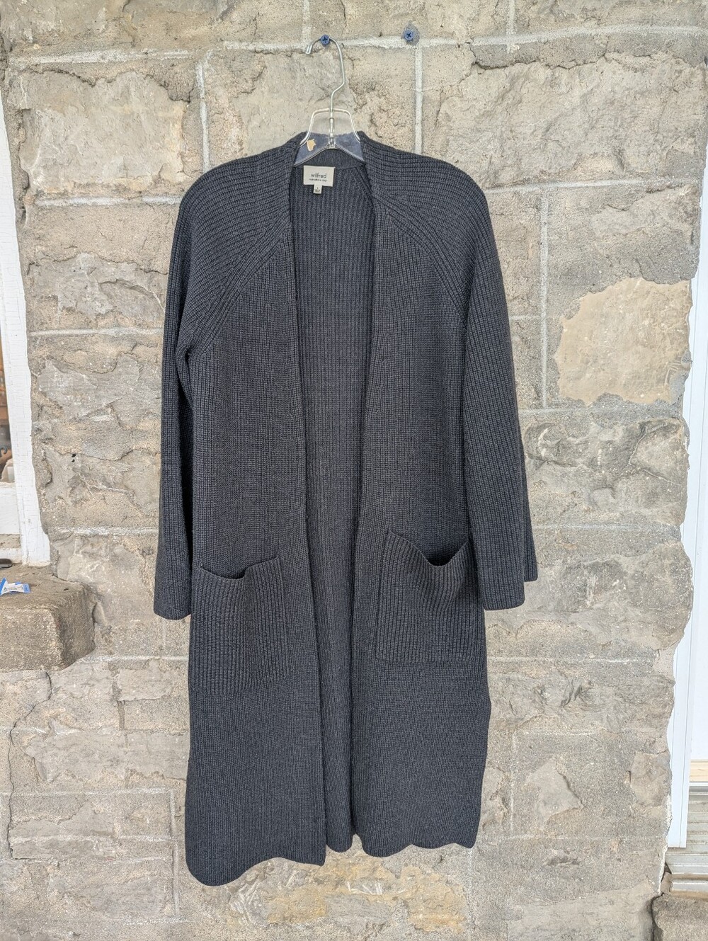Aritzia 100% Wool Wilfred Charcoal Open-Front Long Ribbed Cardigan
